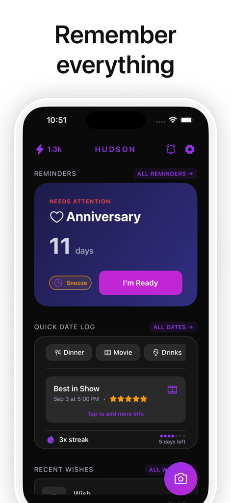 Hudson Relationship Assistant - Hudson app interface showing an upcoming anniversary reminder and date log