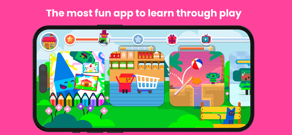 Kokoro Kids app interface on a smartphone showing colorful educational games for children.