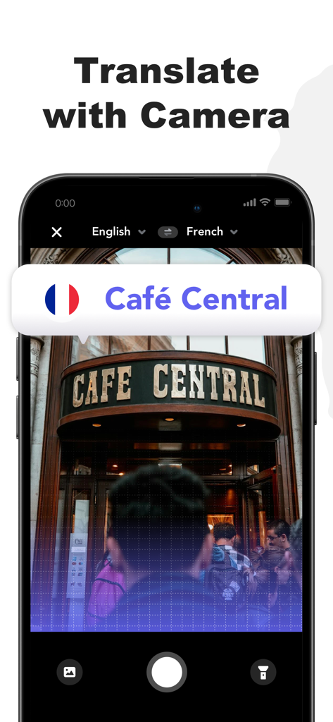 Daily Translate: AI Text Voice - 데일리 번역 앱을 사용하여 카메라로 카페 표지판을 영어에서 프랑스어로 번역하는 스마트폰 화면