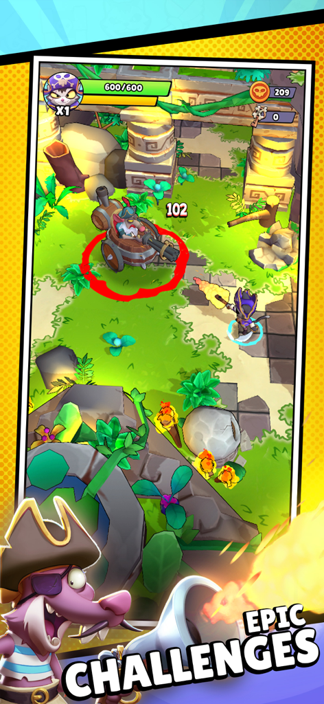 Mighty Calico - Mighty Calico gameplay showing a pirate cat hero battling a rat enemy in a jungle realm