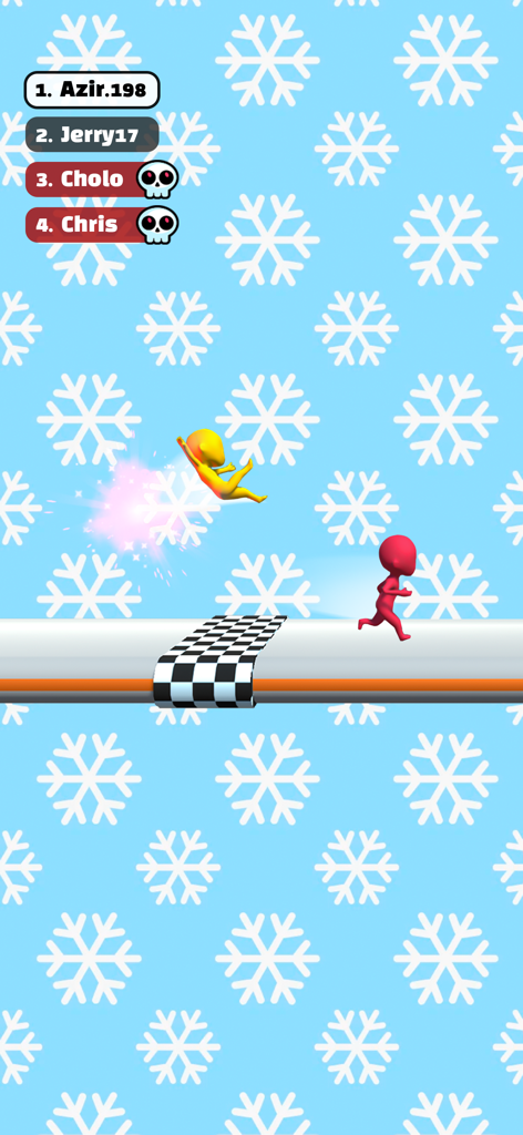 Two characters racing toward the finish line on a snowy parkour track in Run Race 3D