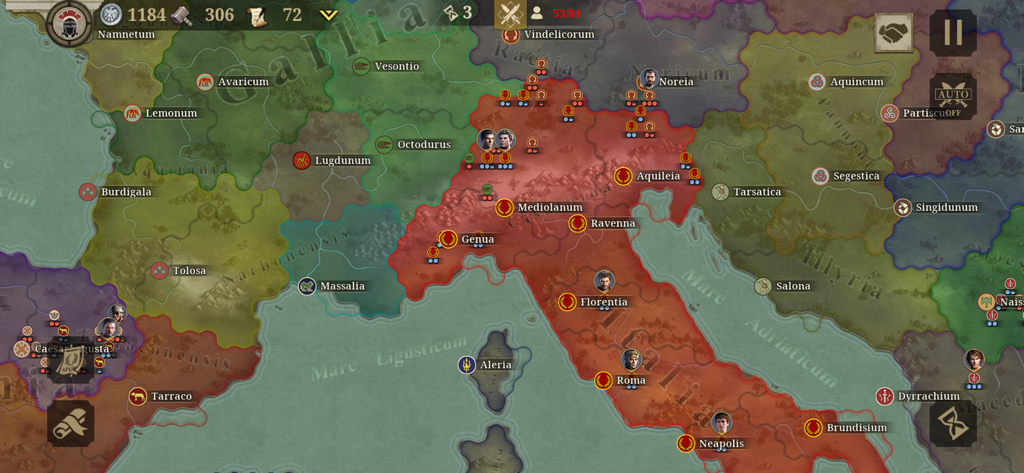Great Conqueror: Rome - Tactical map of ancient Europe in Great Conqueror Rome showing the Roman Republic expansion