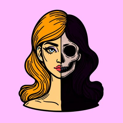 bust of a woman, half face and hair, half skull