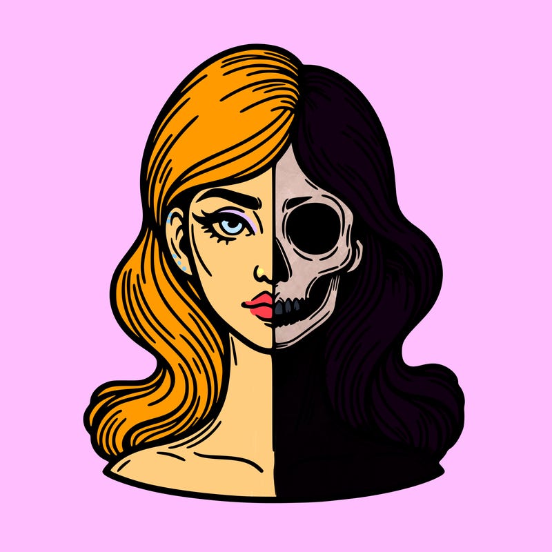 bust of a woman, half face and hair, half skull