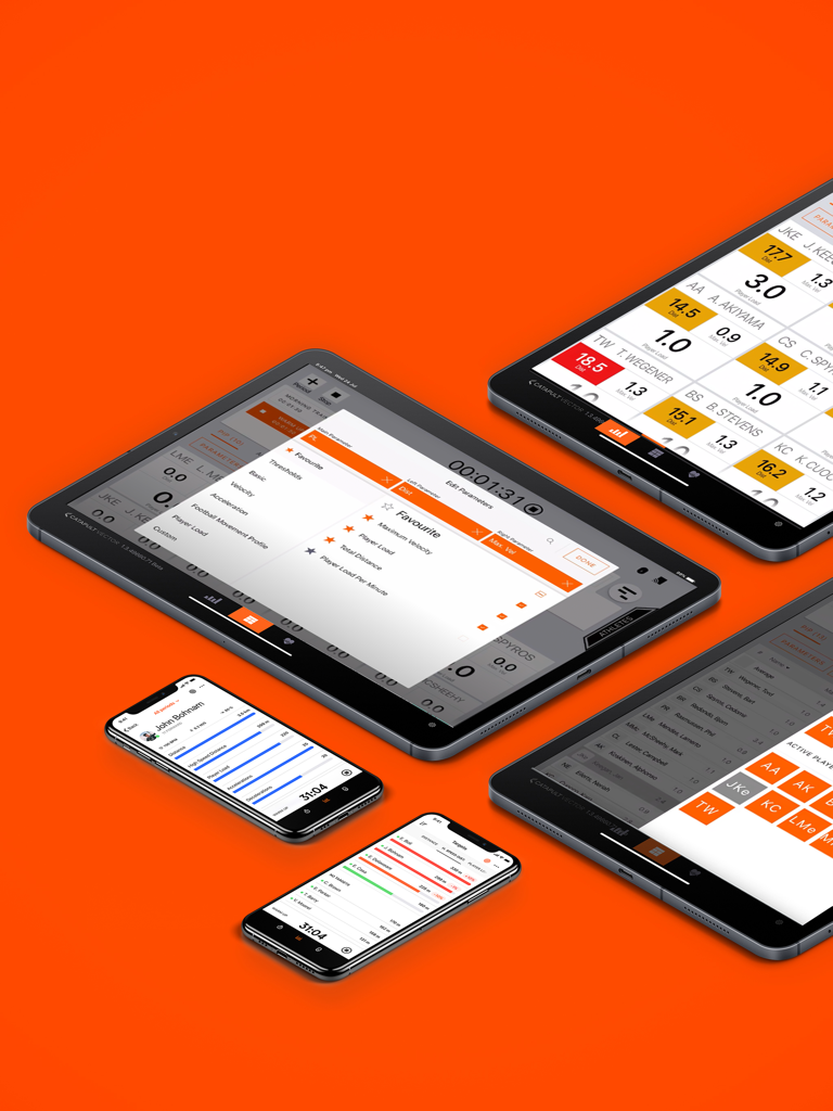 Vector Live - Multiple iPads and iPhones displaying the Vector Live app dashboards for real-time sports performance tracking.