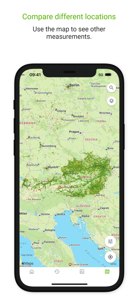 Mappa dell'app mobile RTR Netztest che visualizza la copertura di rete e le misurazioni delle prestazioni