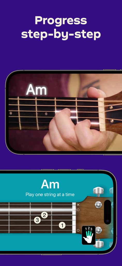 Guitar Tuner - Simply Tune - Mobile app interface showing a step-by-step video and diagram tutorial for learning the A minor guitar chord