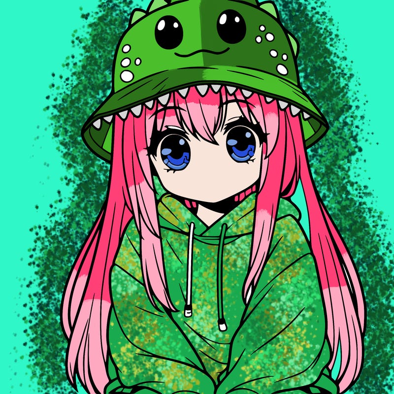 girl with anime shaped eyes with a dinosaur bucket hat oversized sweatshirt long straight hair