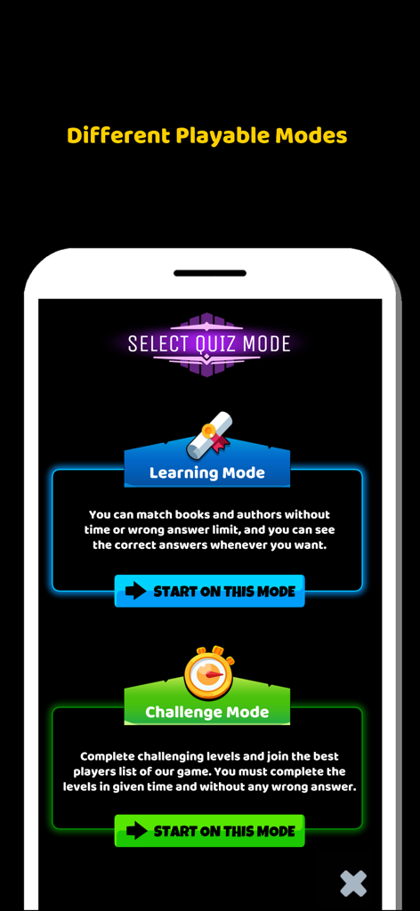 책과 문학 퀴즈 게임의 학습 모드와 도전 모드 선택을 보여주는 화면.
