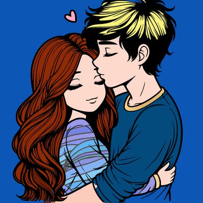 a realistic couple boy and girl hugging and kissing