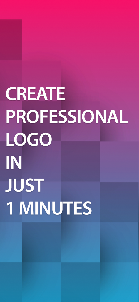 Logo Maker: Create & Design - Banner gráfico con un patrón cuadrado geométrico en tonos rosas y azules con el texto Crea un Logo Profesional en solo 1 minuto.