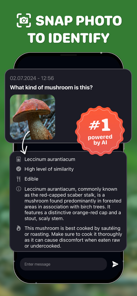 Mushroom ID・Picture Identifier - Mushroom ID app screen identifying a mushroom and showing species details and edibility.
