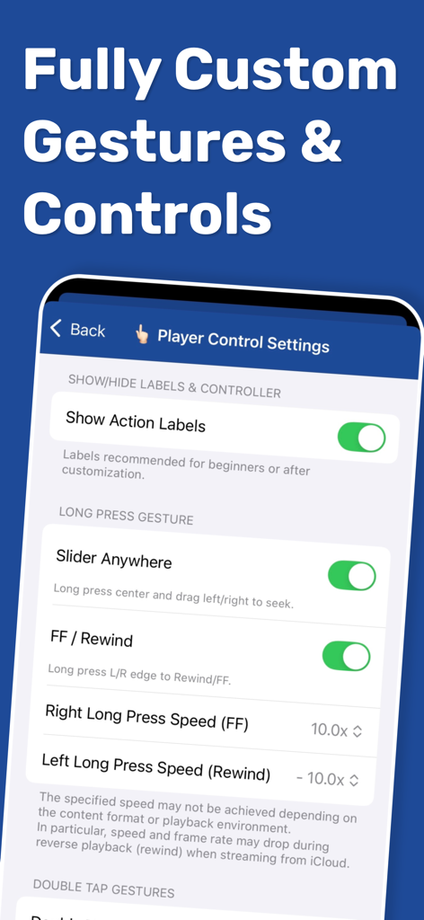 Mugen Player app screen showing player control settings for custom gestures and playback speed