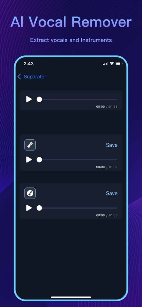 Audio Editor - AI Music Editor - Mobile app interface showing AI vocal remover feature to separate vocals and instruments from a song