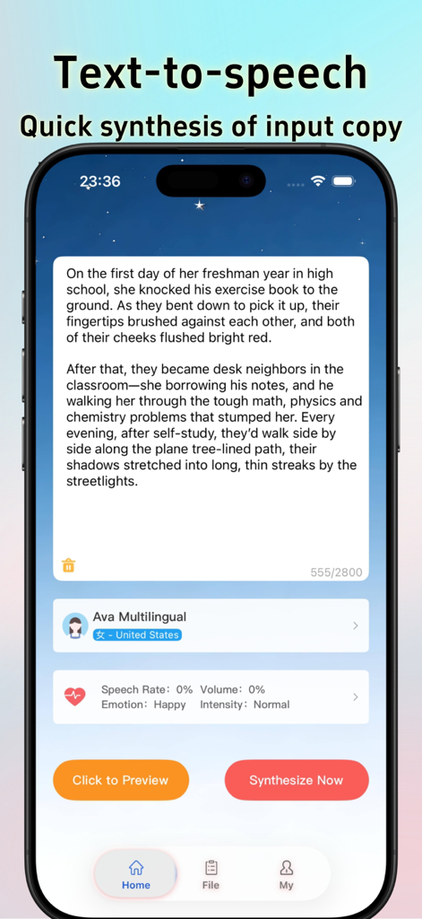 Text to Speech - With Emotion - Una interfaz de aplicación móvil para convertir texto a voz con opciones para ajustar la emoción y la intensidad.