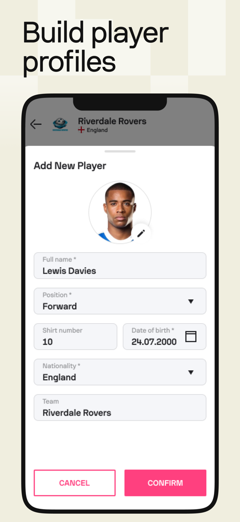 Interfaccia per creare un nuovo profilo giocatore nell'app Torneo by Sofascore mostrando campi per nome, ruolo e numero di maglia