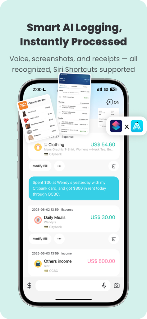 BestTracker - 百事AA记账 - BestTracker 앱 인터페이스가 Siri 바로 가기 통합과 함께 AI 음성 및 스크린샷 지출 기록을 보여줌
