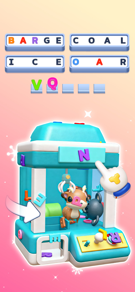 Word Screw - 3D Unscrew Bolts - Gameplay screenshot of Word Screw showing a 3D claw machine with letters attached to its surface as part of a word puzzle