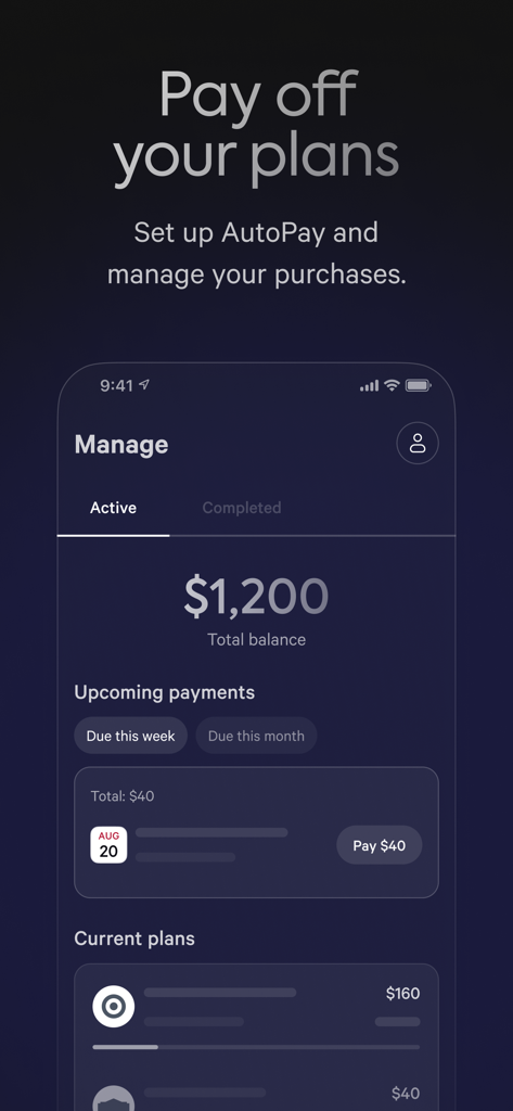 Affirm app dashboard showing a total balance of 1200 dollars and upcoming monthly payment plans.