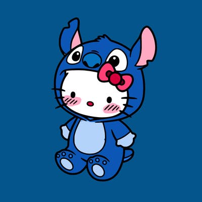 little cute hello kitty, blushing with little stitch costume