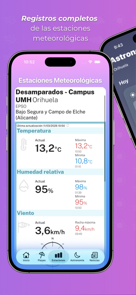 MeteOrihuela App-Oberfläche mit detaillierten Echtzeit-Wetterstation-Daten, einschließlich Temperatur, Luftfeuchtigkeit und Windgeschwindigkeit für Orihuela.