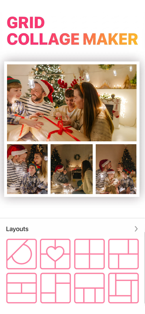 Insta Save Pro - Interface do aplicativo Insta Save Pro mostrando uma colagem de fotos de família com tema de Natal e várias opções de layout