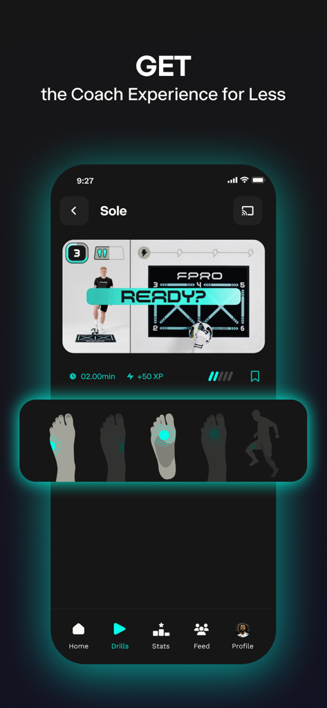 FPRO app interface showing a football training drill video with contact point diagrams and a ready prompt