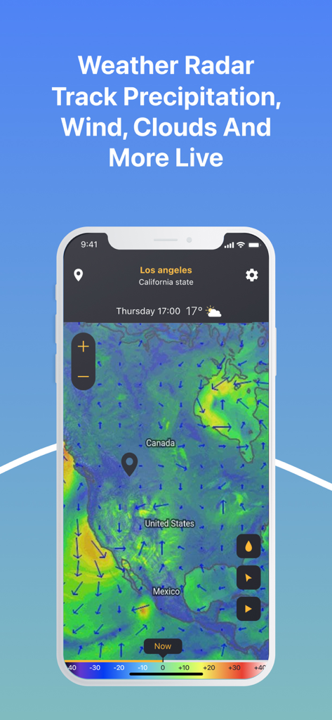 Meteo Radar Pro - Smartphone screen displaying Meteo Radar Pro interactive weather map with wind and precipitation tracking for North America