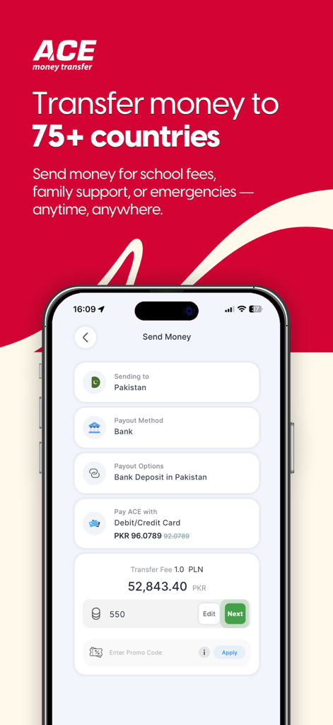 ACE Money Transfer app interface showing a transaction to Pakistan and international transfer options