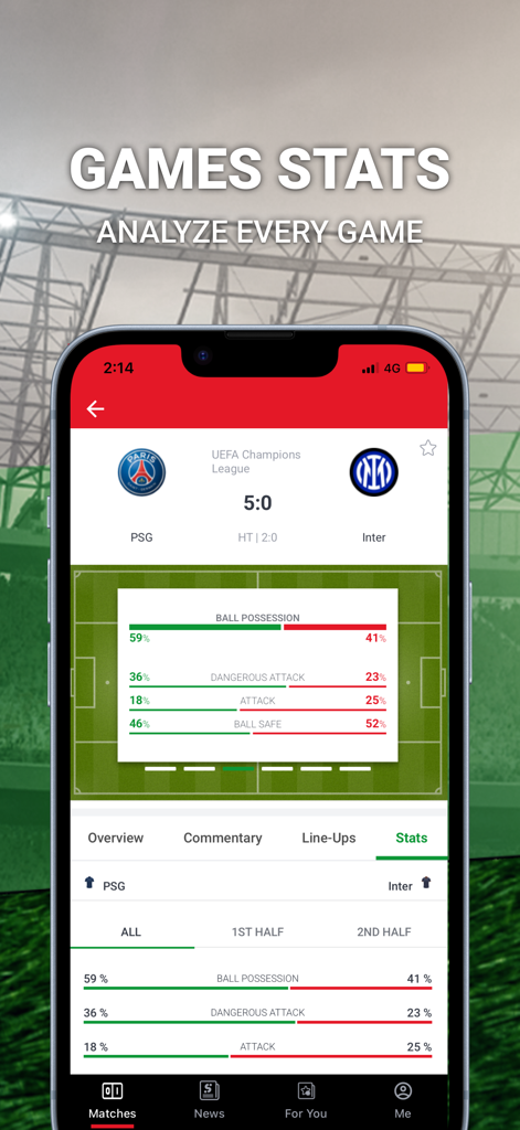 Sporty.com - Mobile app screen showing live soccer game statistics and ball possession data for a match between PSG and Inter