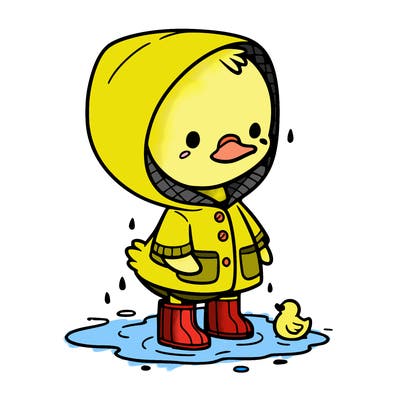 baby duck in a rain coat and boots, in a puddle while it’s raining