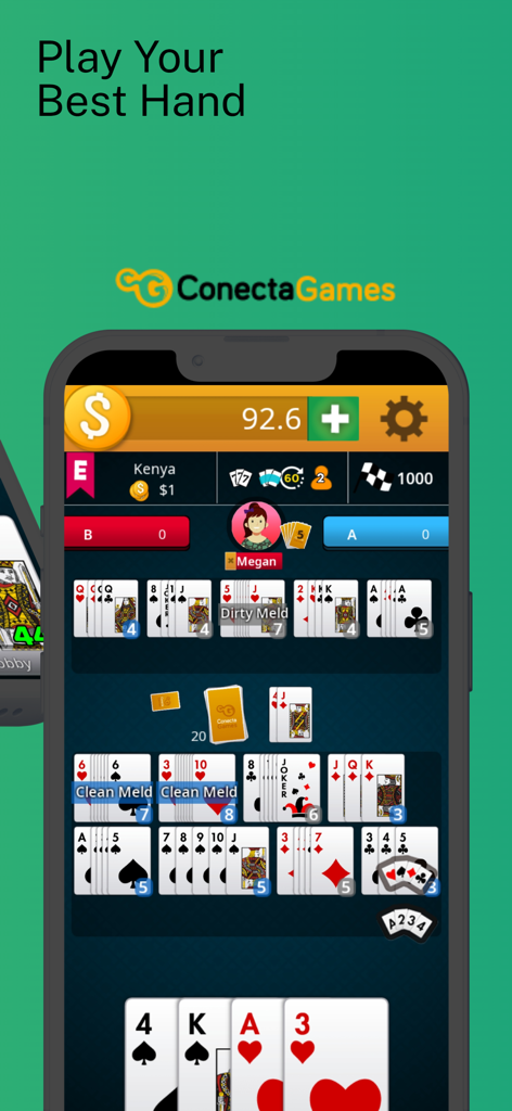 iPhone screen displaying Burraco card game gameplay with melds and sequences by ConectaGames.