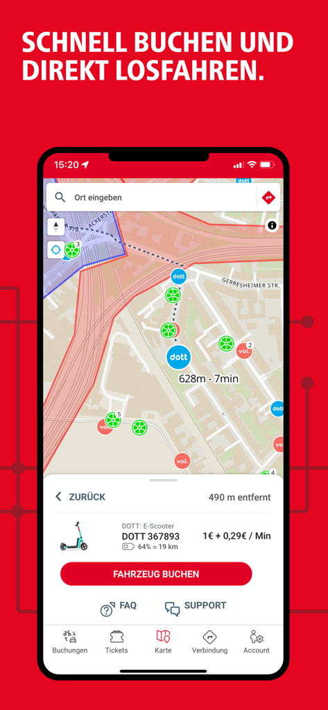 redy - Redy Mobile App-Oberfläche, die eine Karte mit gemeinsam genutzten E-Scootern und den Buchungsbildschirm für einen Dott-Roller in Düsseldorf zeigt