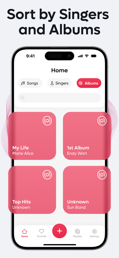 Startbildschirm der MX Music App mit einer Bibliothek von Alben mit pinken Cover-Kacheln und Sortieroptionen für Sänger und Songs.