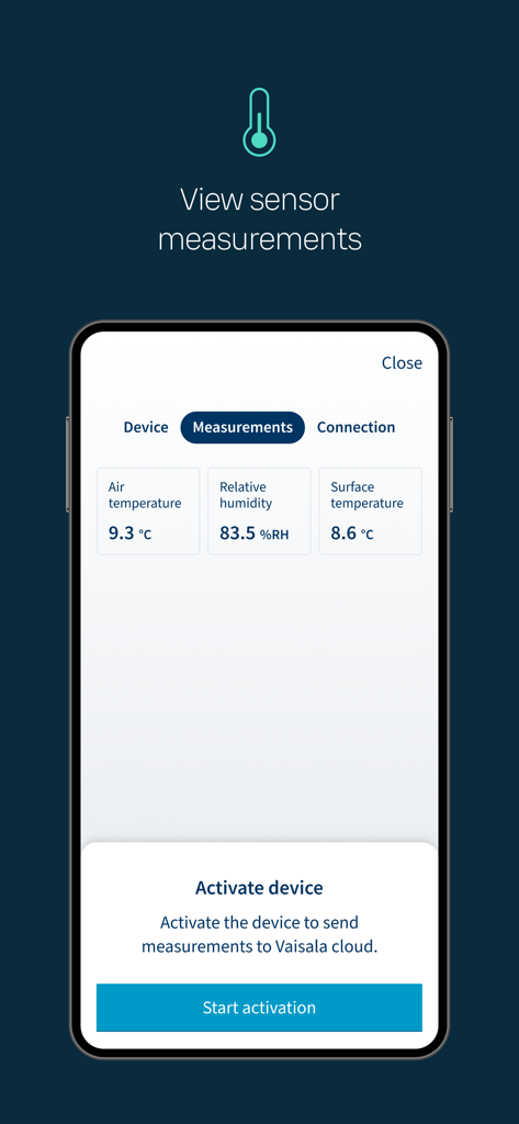 Vaisala Xcast Connect - Vaisala Xcast Connect app displaying sensor measurements for temperature and humidity