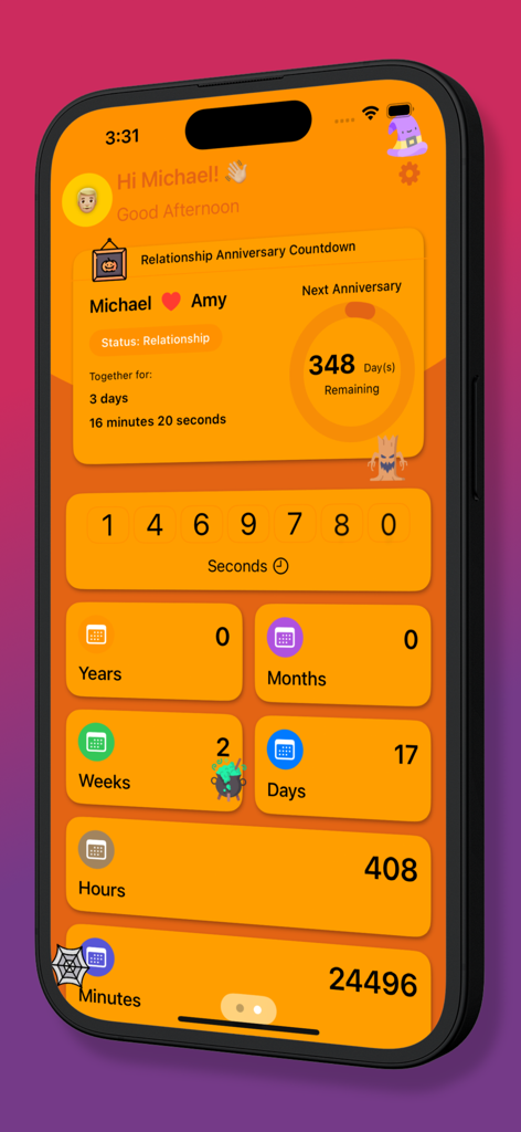 Our Time Together - A relationship anniversary countdown app interface showing time together in days hours and minutes