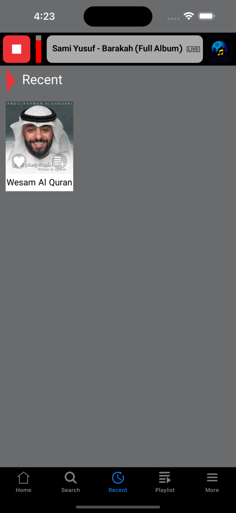 Islamic Music Radio Network - Recent screen of the Islamic Music Radio Network app displaying a Quranic recitation album and a live music player bar.