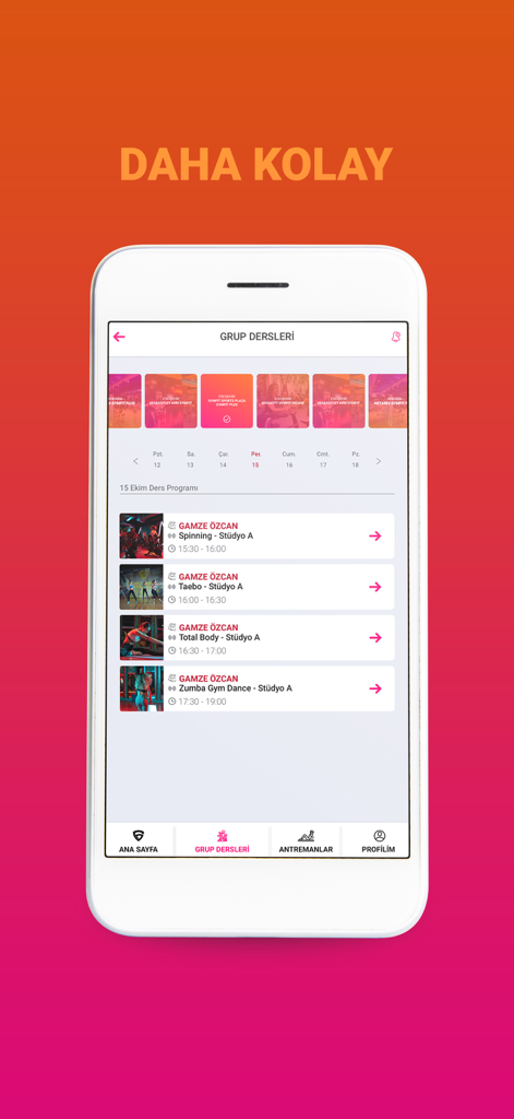 GYMFIT - GYMFIT mobile app screen displaying a list of available group fitness classes including Spinning and Zumba.