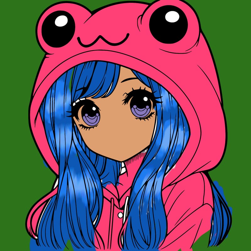a pretty girl wearing a frog hoodie portrait with long hair