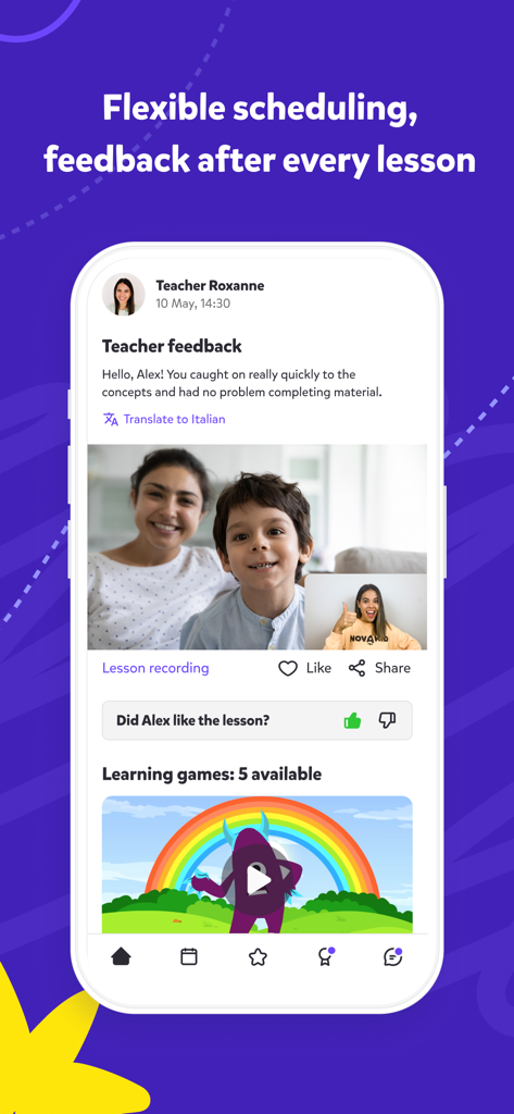 NOVAKID English school - Novakid mobile app interface showing teacher feedback for a student along with a lesson recording and available learning games.