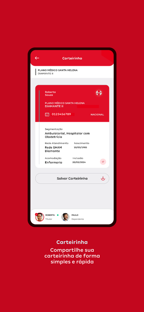 Santa Helena Saúde - Screenshot of the Santa Helena Saude app showing a virtual health insurance card with plan details and a member switcher
