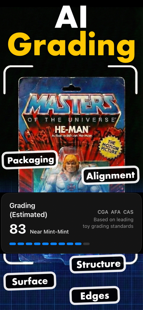 Toyzie AI: Toy Value Scanner - Toyzie AI app scanning a vintage action figure to provide an estimated condition grade