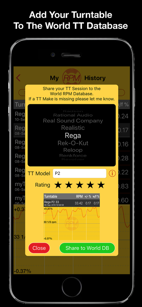 A smartphone showing the RPM app screen for sharing turntable speed test results and ratings to a global community database