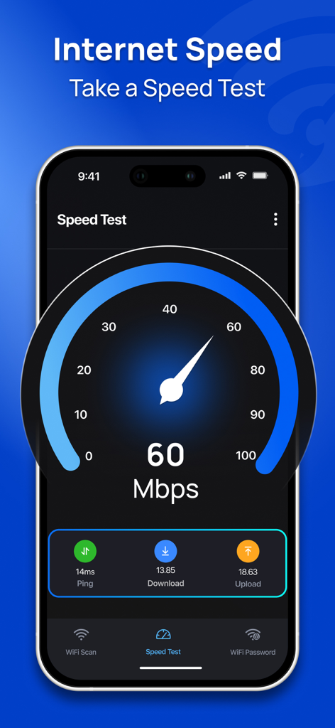 Wifi Analyser: Password Map - Smartphone screen displaying a 60 Mbps internet speed test result with ping, download, and upload statistics.