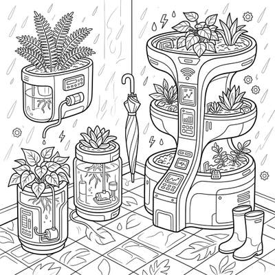 Escape the dreary weather with our delightful coloring page featuring futuristic smart planters thriving indoors. This intricate design perfectly blends modern gardening technology with the cozy ambiance of a rainy day.