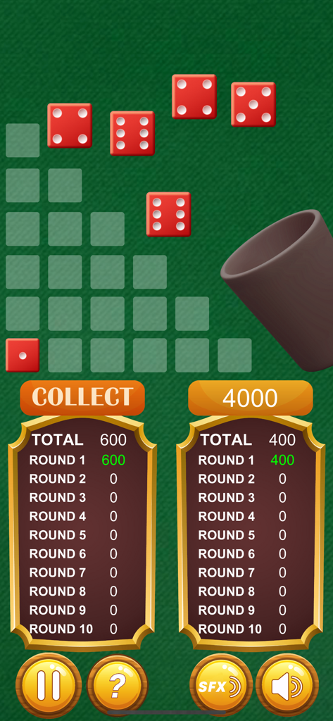 Farkle Pro - Dice Game - Farkle Pro Würfelspiel-Oberfläche mit roten Würfeln und runden Punktzahlen auf einem grünen Filzhintergrund