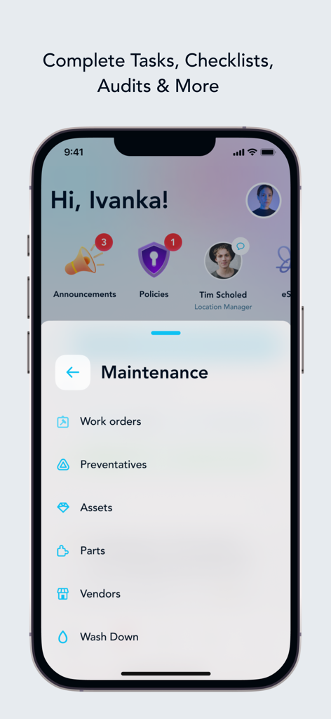 Woven app interface showing maintenance work orders and task checklists for franchise management
