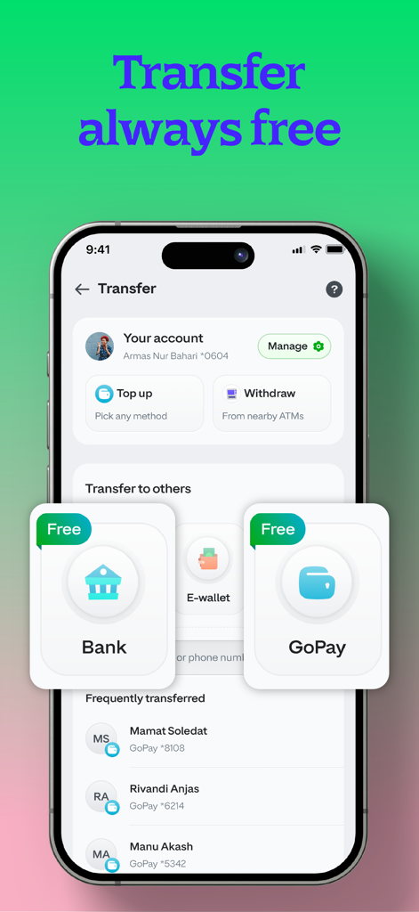 GoPay: Transfer, Payment, QRIS - Interfaccia dell'app GoPay che evidenzia le opzioni di trasferimento di denaro gratuito verso banche e altri e-wallet