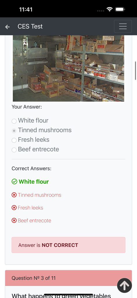 Catering. Cook Detailed CES - Eine Übungsfrageoberfläche aus der Catering Cook CES Test App, die eine Frage zur Lagerung von Lebensmitteln mit Feedback zur falschen Antwort zeigt.