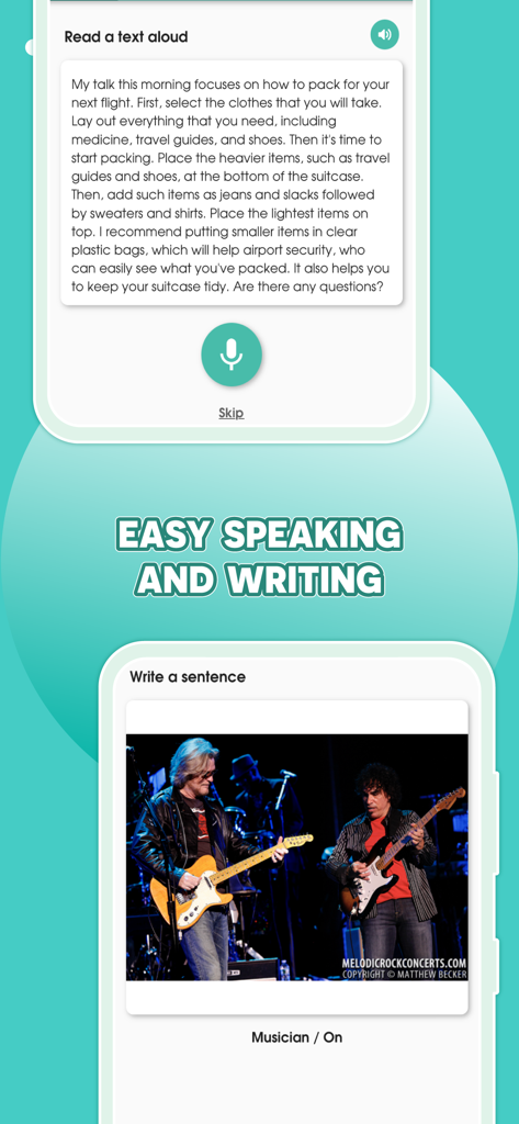 Interfaz de la aplicación Migii Prep que muestra ejercicios de expresión oral y escrita para la preparación del examen TOEIC.